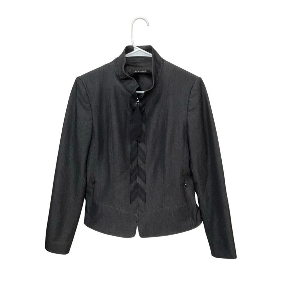 Elie Tahari Women's Jacket Charcoal Gray Full Zip Woven Ribbon Lined Sz 8 Medium